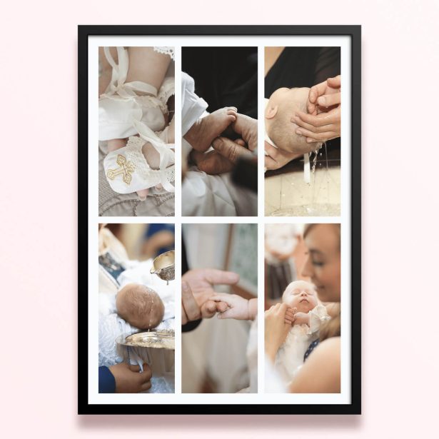 Simple framed prints designs featuring six photos of a baby’s christening or baptism ceremony