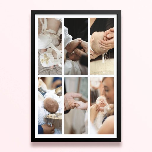 Simple framed prints designs featuring six photos of a baby’s christening or baptism ceremony