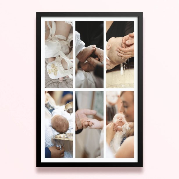 Simple framed prints designs featuring six photos of a baby’s christening or baptism ceremony