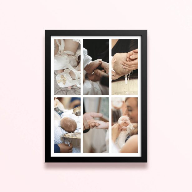 Simple framed prints designs featuring six photos of a baby’s christening or baptism ceremony