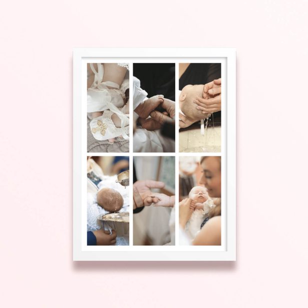 Simple framed prints designs featuring six photos of a baby’s christening or baptism ceremony