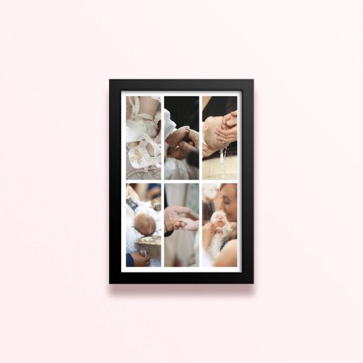 Simple framed prints designs featuring six photos of a baby’s christening or baptism ceremony