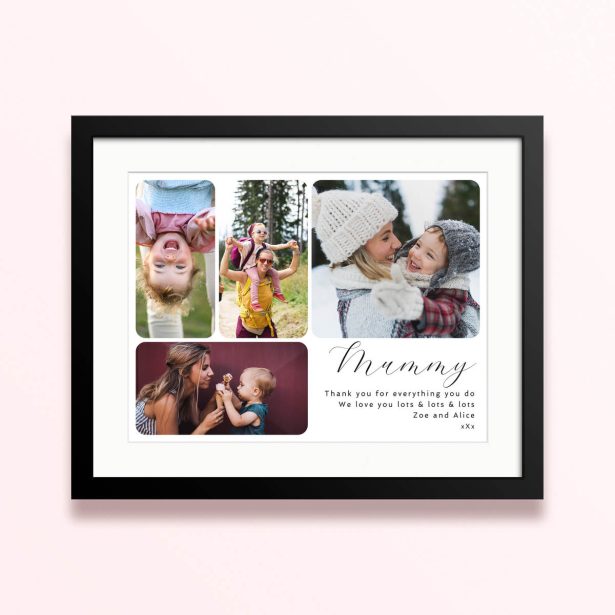 Framed and mounted photo print with four photos and a personalised message.