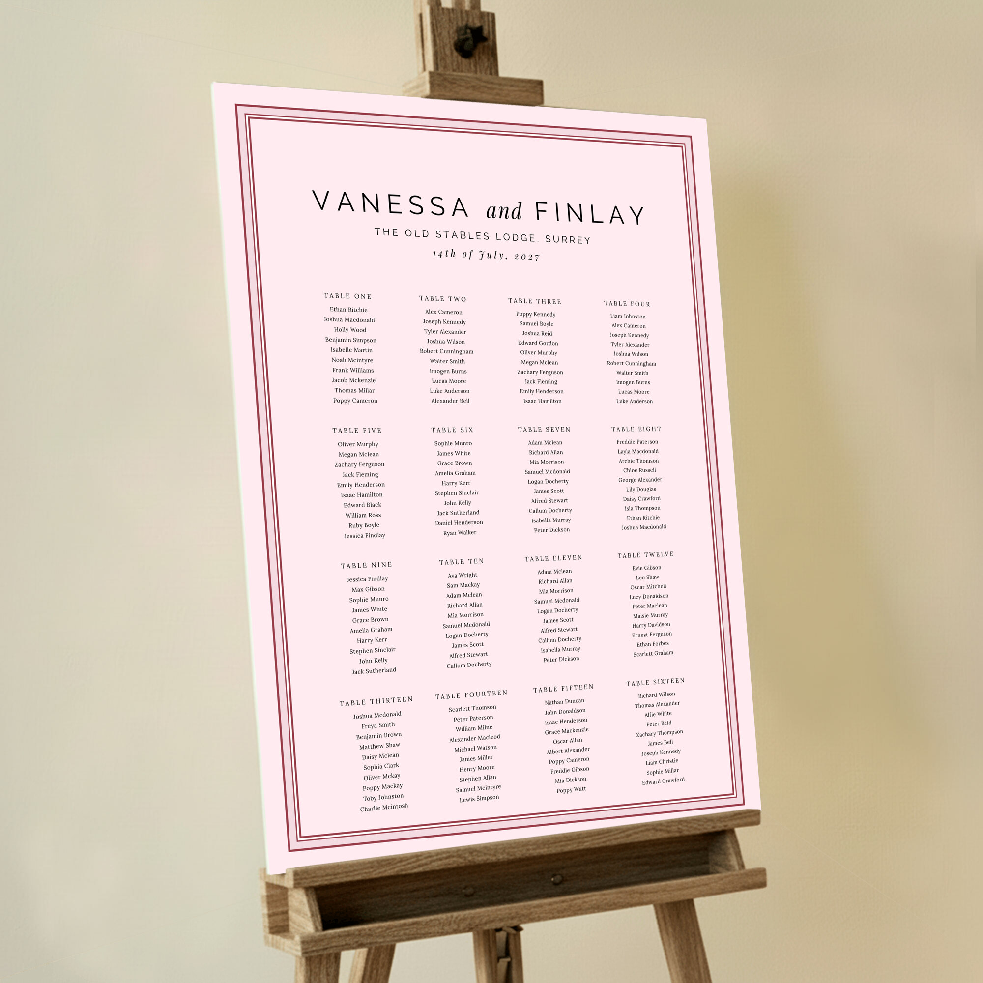 Pink and Red Elegance Seating Plan featuring a charming and elegant design with a red and pink border on a beautiful baby pink background, adding a touch of sophistication to your wedding celebration.. This design shows 16 tables.