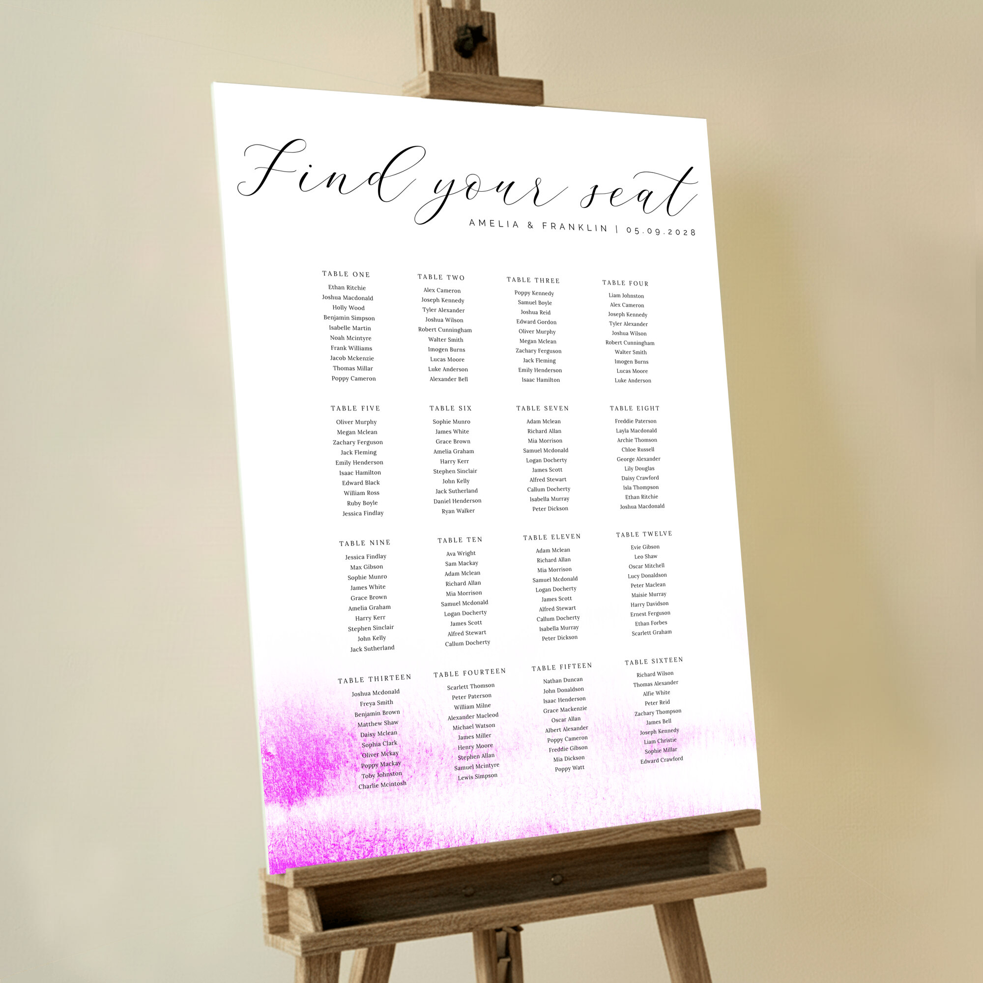 Pink Burst Seating Plan featuring an abstract splash of pink at the bottom, adding a pop of colour to your wedding reception.. This template is formatted for 16 tables.