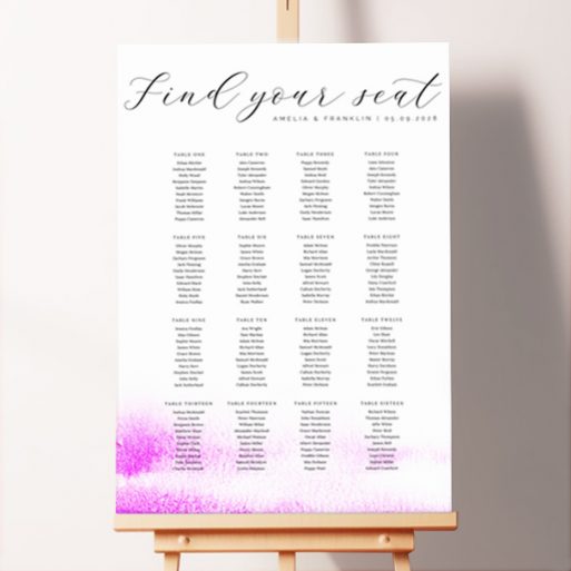 Pink Burst Seating Plan featuring an abstract splash of pink at the bottom, adding a pop of colour to your wedding reception.. This template is formatted for 16 tables.