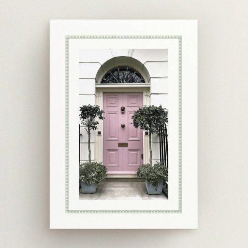 Pink Door Card Change of address card featuring a stylish pink front door with two potted plants.