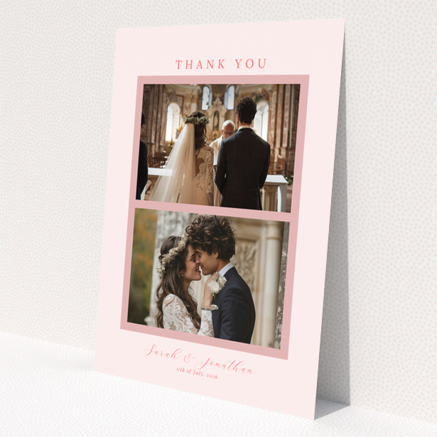 Wedding thank you card with two photos and pink border design