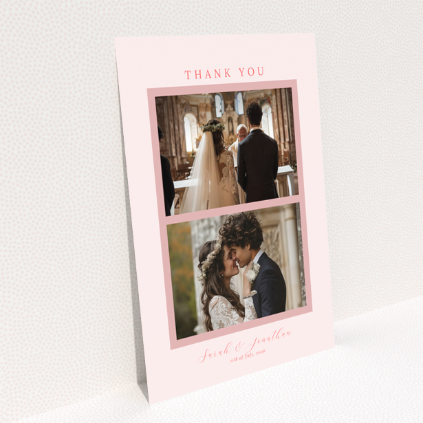 Wedding thank you card with two photos and pink border design