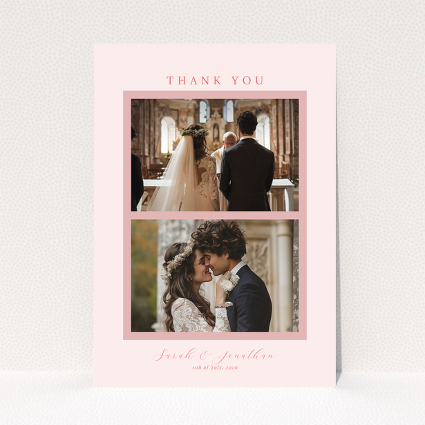 Wedding thank you card with two photos and pink border design