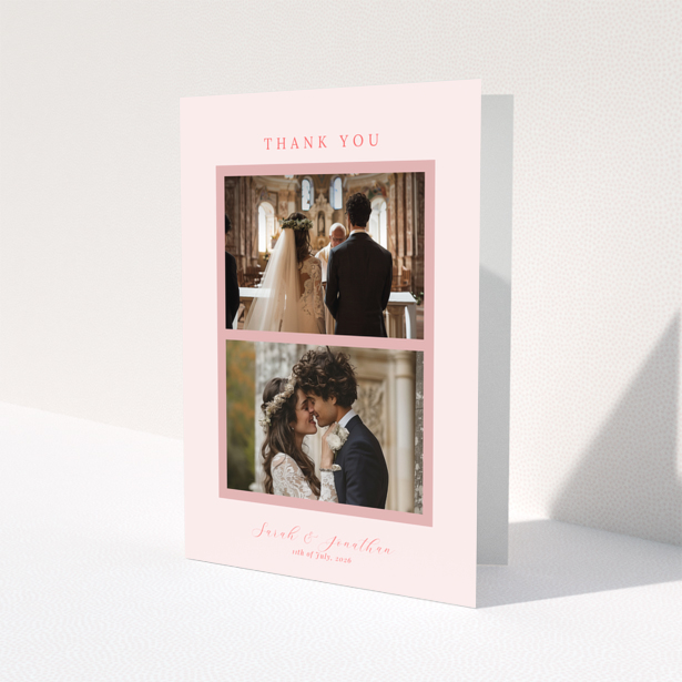 Wedding thank you card with two photos and pink border design