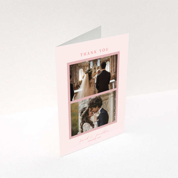 Wedding thank you card with two photos and pink border design