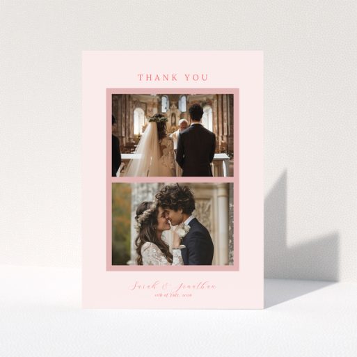 Wedding thank you card with two photos and pink border design