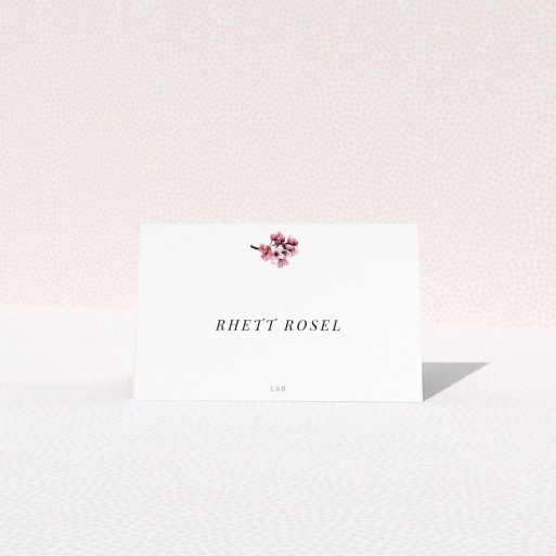 Place Setting Card Design - "A side of Blossom" A place setting card named "A side of Blossom". It is an 85 x 55mm card in a landscape orientation. "A side of Blossom" is available as a folded card, with tones of white and pink.