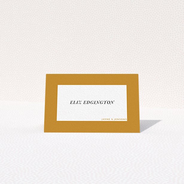 A place setting card design called "Big Copper". It is an 85 x 55mm card in a landscape orientation. "Big Copper" is available as a folded card, with mainly dark orange colouring.