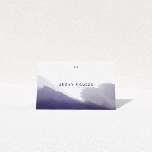 A place setting card called "Blue and Cream". It is an 85 x 55mm card in a landscape orientation. "Blue and Cream" is available as a folded card, with mainly purple/dark pink colouring.