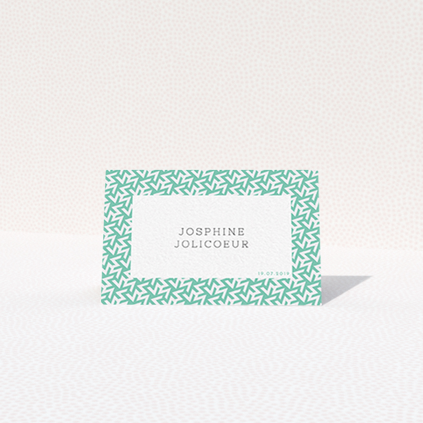 A place setting card design called "Born in the 80s". It is an 85 x 55mm card in a landscape orientation. "Born in the 80s" is available as a folded card, with tones of green and white.