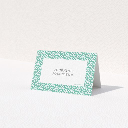 A place setting card design called 'Born in the 80s'. It is an 85 x 55mm card in a landscape orientation. 'Born in the 80s' is available as a folded card, with tones of green and white.