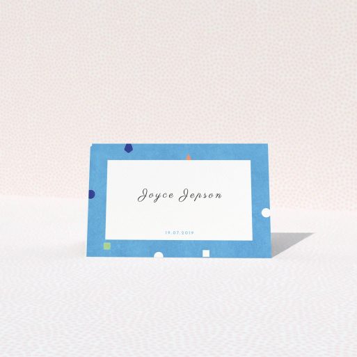 Place Setting Card Design - "Capri" A place setting card named "Capri". It is an 85 x 55mm card in a landscape orientation. "Capri" is available as a folded card, with tones of light blue and orange.
