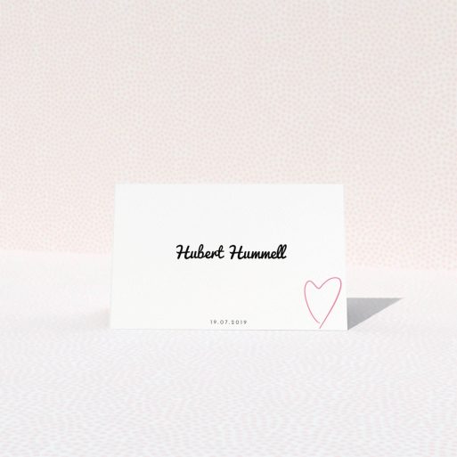 Place Setting Card Design - "Casual Loving" A place setting card design called "Casual Loving". It is an 85 x 55mm card in a landscape orientation. "Casual Loving" is available as a folded card, with tones of white and pink.