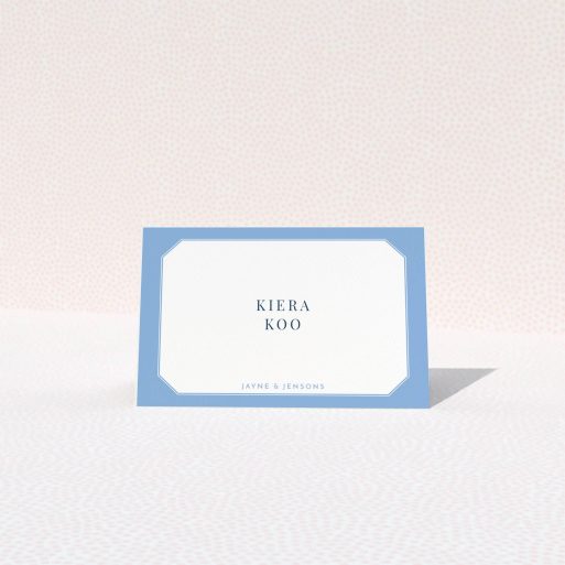 Place Setting Card Design - "Ceramic Blue Edge" A place setting card called "Ceramic Blue Edge". It is an 85 x 55mm card in a landscape orientation. "Ceramic Blue Edge" is available as a folded card, with tones of blue and white.