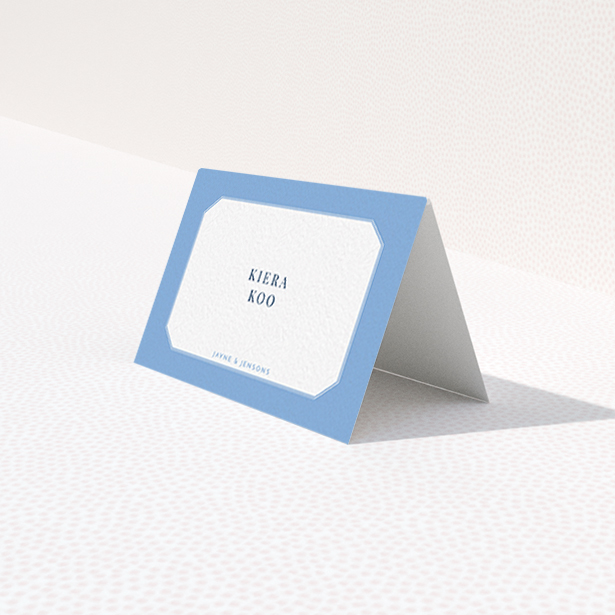 A place setting card called "Ceramic Blue Edge". It is an 85 x 55mm card in a landscape orientation. "Ceramic Blue Edge" is available as a folded card, with tones of blue and white.