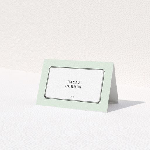 A place setting card called 'Deco mint'. It is an 85 x 55mm card in a landscape orientation. 'Deco mint' is available as a folded card, with tones of green and white.