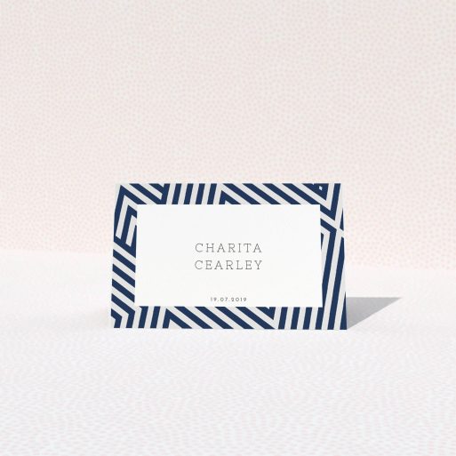 Place Setting Card Design - "Diamond scratch" A place setting card called "Diamond scratch". It is an 85 x 55mm card in a landscape orientation. "Diamond scratch" is available as a folded card, with tones of navy blue and white.