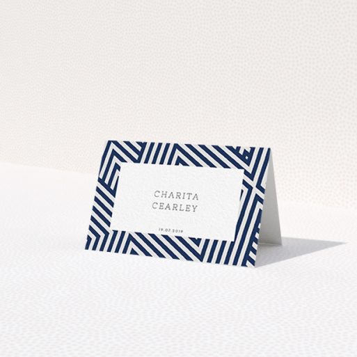 A place setting card called 'Diamond scratch'. It is an 85 x 55mm card in a landscape orientation. 'Diamond scratch' is available as a folded card, with tones of navy blue and white.