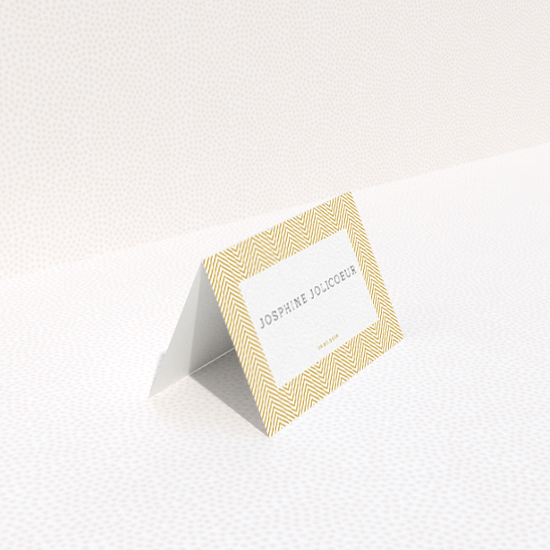 A place setting card template titled "Golden Lines". It is an 85 x 55mm card in a landscape orientation. "Golden Lines" is available as a folded card, with tones of gold and white.
