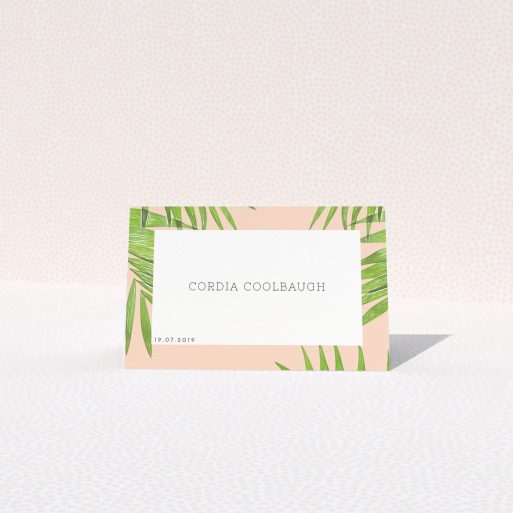 Place Setting Card Design - "In the courtyard" A place setting card design called "In the courtyard". It is an 85 x 55mm card in a landscape orientation. "In the courtyard" is available as a folded card, with tones of green and pink.