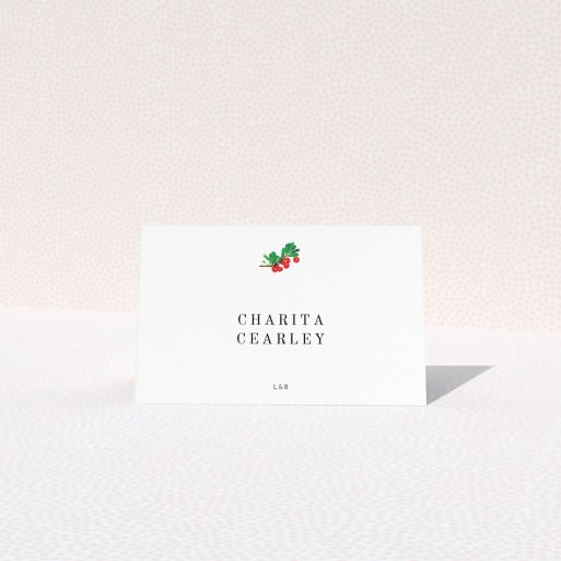 Place Setting Card Design - "Oil Berries" A place setting card template titled "Oil Berries". It is an 85 x 55mm card in a landscape orientation. "Oil Berries" is available as a folded card, with tones of white and green.