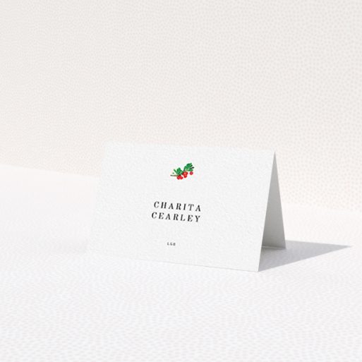 A place setting card template titled 'Oil Berries'. It is an 85 x 55mm card in a landscape orientation. 'Oil Berries' is available as a folded card, with tones of white and green.