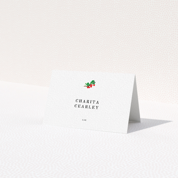 A place setting card template titled "Oil Berries". It is an 85 x 55mm card in a landscape orientation. "Oil Berries" is available as a folded card, with tones of white and green.