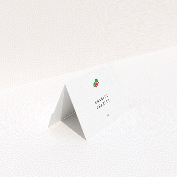 A place setting card template titled "Oil Berries". It is an 85 x 55mm card in a landscape orientation. "Oil Berries" is available as a folded card, with tones of white and green.