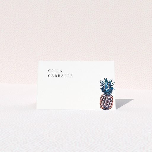 Place Setting Card Design - "One Little Pineapple" A place setting card design called "One Little Pineapple". It is an 85 x 55mm card in a landscape orientation. "One Little Pineapple" is available as a folded card, with tones of white and green.