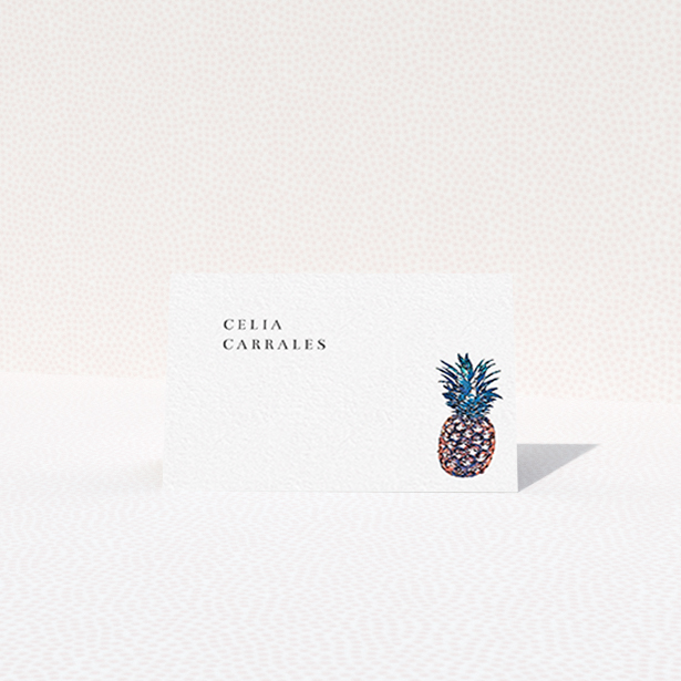 A place setting card design called "One Little Pineapple". It is an 85 x 55mm card in a landscape orientation. "One Little Pineapple" is available as a folded card, with tones of white and green.