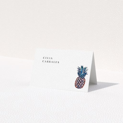 A place setting card design called 'One Little Pineapple'. It is an 85 x 55mm card in a landscape orientation. 'One Little Pineapple' is available as a folded card, with tones of white and green.