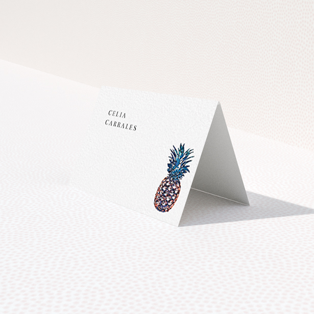 A place setting card design called "One Little Pineapple". It is an 85 x 55mm card in a landscape orientation. "One Little Pineapple" is available as a folded card, with tones of white and green.