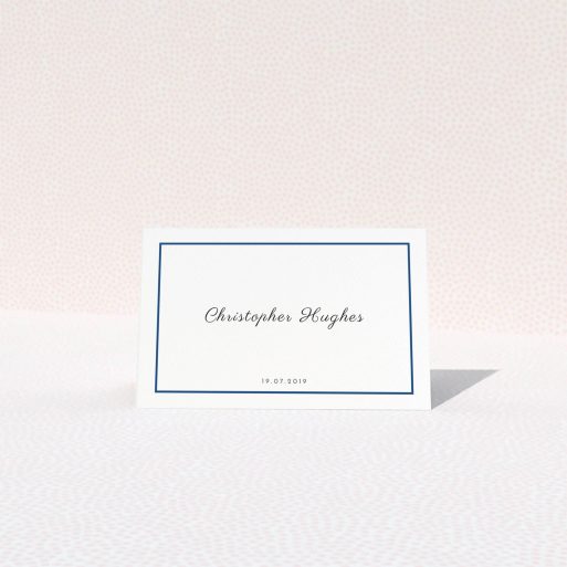 Place Setting Card Design - "Royal Blue Simple" A place setting card design titled "Royal Blue Simple". It is an 85 x 55mm card in a landscape orientation. "Royal Blue Simple" is available as a folded card, with tones of white and blue.