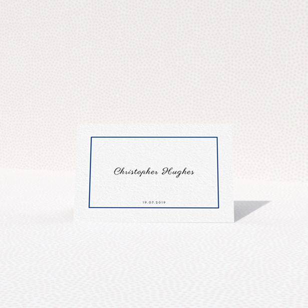 A place setting card design titled "Royal Blue Simple". It is an 85 x 55mm card in a landscape orientation. "Royal Blue Simple" is available as a folded card, with tones of white and blue.