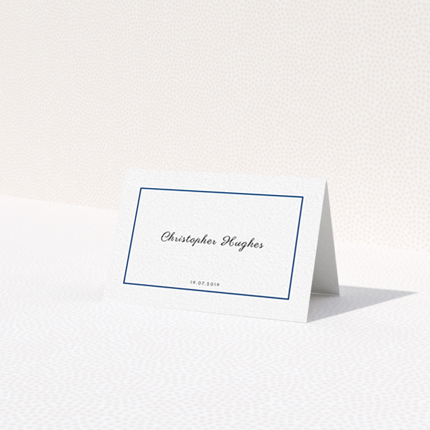 A place setting card design titled "Royal Blue Simple". It is an 85 x 55mm card in a landscape orientation. "Royal Blue Simple" is available as a folded card, with tones of white and blue.