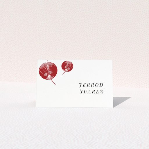 Table Place Card - Shanghai Nights (Red) A place setting card called "Shanghai Nights". It is an 85 x 55mm card in a landscape orientation. "Shanghai Nights" is available as a folded card, with tones of red and white.