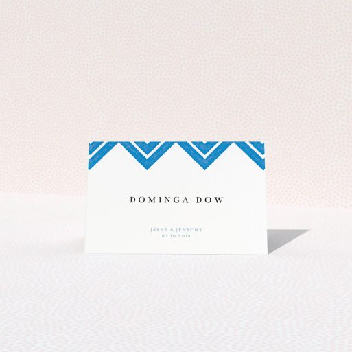 Place Setting Card Design - "Skiapthos" A place setting card named "Skiapthos". It is an 85 x 55mm card in a landscape orientation. "Skiapthos" is available as a folded card, with tones of blue and white.