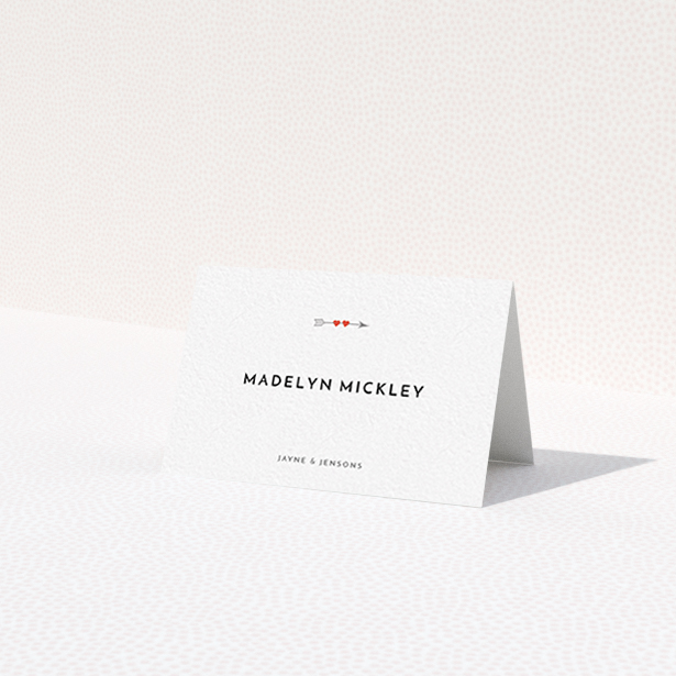 A place setting card template titled 'Thanks Cupid'. It is an 85 x 55mm card in a landscape orientation. 'Thanks Cupid' is available as a folded card, with tones of white and red.