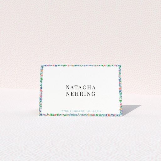 Place Setting Card Design - "The faraway garden" A place setting card design called "The faraway garden". It is an 85 x 55mm card in a landscape orientation. "The faraway garden" is available as a folded card, with tones of green, blue and red.