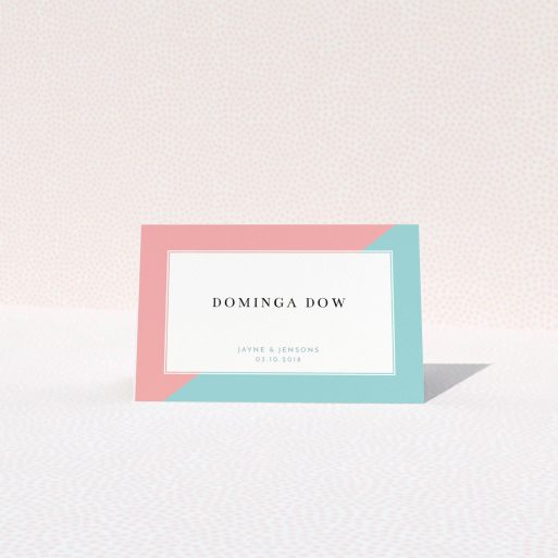 Place Setting Card Design - "Two Halves" A place setting card design titled "Two Halves". It is an 85 x 55mm card in a landscape orientation. "Two Halves" is available as a folded card, with tones of blue and pink.