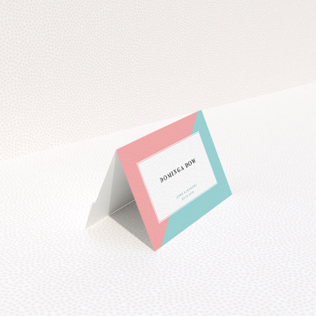 A place setting card design titled "Two Halves". It is an 85 x 55mm card in a landscape orientation. "Two Halves" is available as a folded card, with tones of blue and pink.