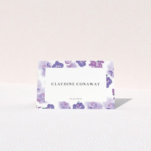 Place Setting Card Design - "Violet Explosion" A place setting card design called "Violet Explosion". It is an 85 x 55mm card in a landscape orientation. "Violet Explosion" is available as a folded card, with mainly purple/dark pink colouring.