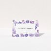 A place setting card design called "Violet Explosion". It is an 85 x 55mm card in a landscape orientation. "Violet Explosion" is available as a folded card, with mainly purple/dark pink colouring.